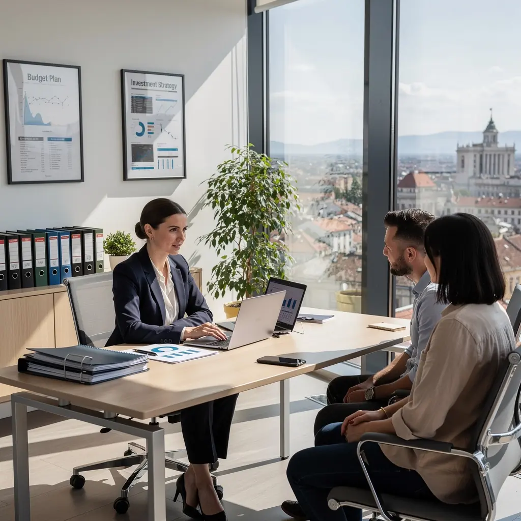 Семейство, което обсъжда разходите си около масата.